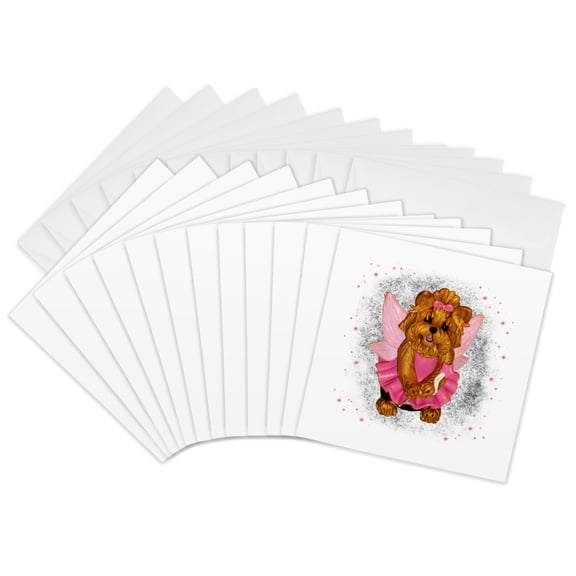3drose, Cute Pink Fairy Pixie Yorkie Yorkshire Terrier Dog Art, 12 Greeting Cards with Envelopes