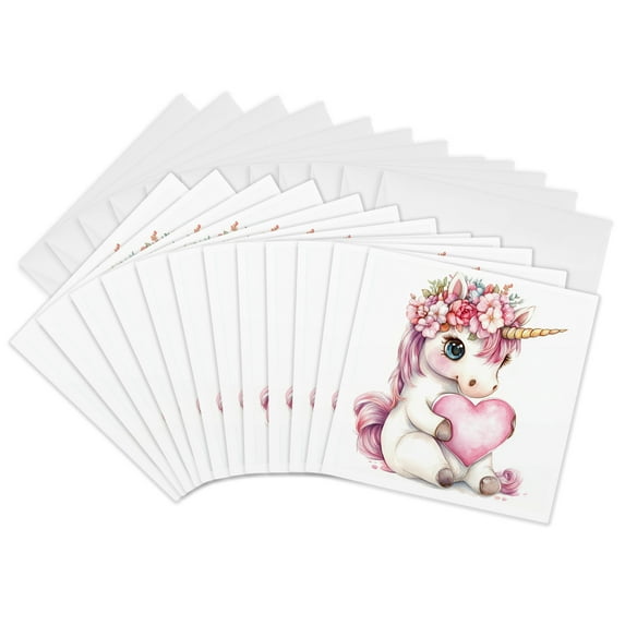 3drose, Cute Pink Floral Valentine Heart Unicorn Illustration, 12 Greeting Cards with Envelopes