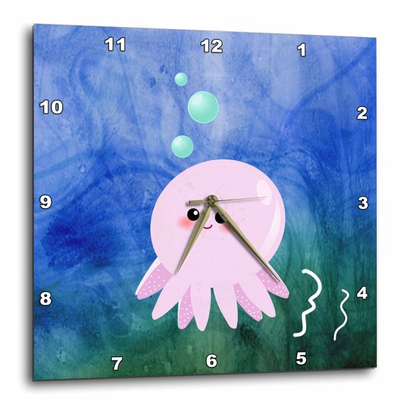 3drose, Cute Pink Octopus Cartoon - Kawaii Happy Girly Squid Underwater in Deep Blue Green Sea Ocean Waves, 10x10 Wall Clock