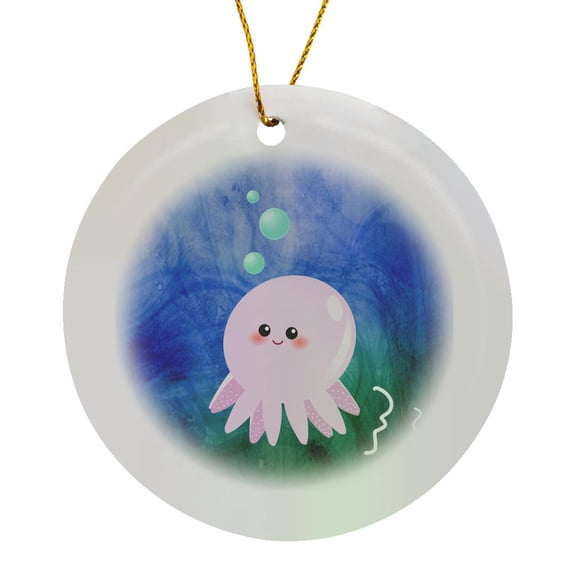 3drose, Cute Pink Octopus Cartoon - Kawaii Happy Girly Squid Underwater in Deep Blue Green Sea Ocean Waves, Circle Porcelain Ornament