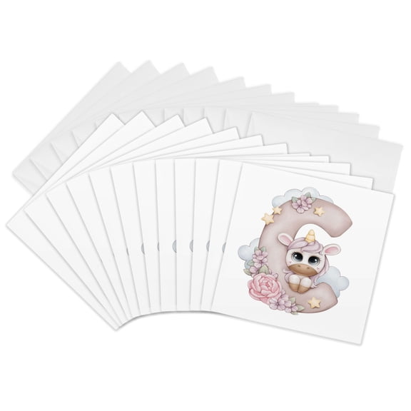3drose, Cute Pink Unicorn Monogram Initial C, 12 Greeting Cards with Envelopes