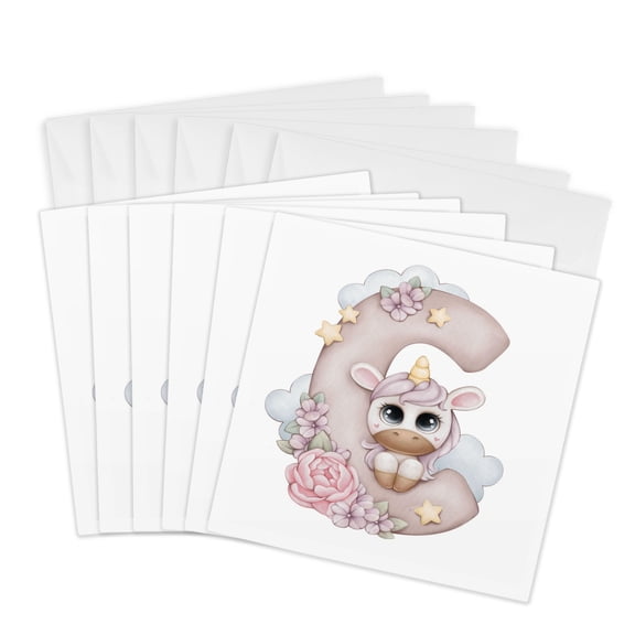 3drose, Cute Pink Unicorn Monogram Initial C, 6 Greeting Cards with Envelopes
