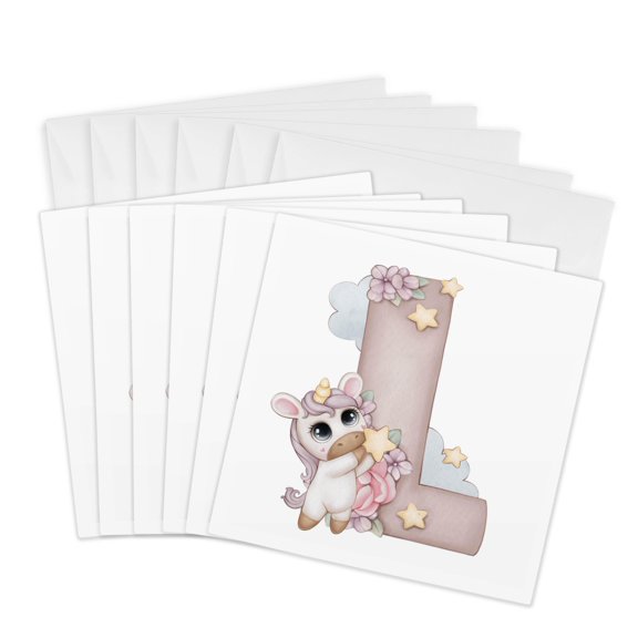 3drose, Cute Pink Unicorn Monogram Initial L, 6 Greeting Cards with Envelopes