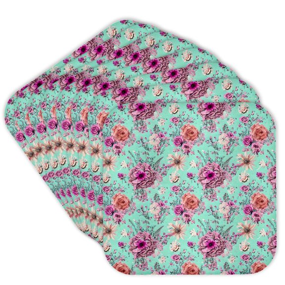 3drose, Cute Pink and Orange Flowers on an Aqua Background Pattern, Set of 8 Coasters - Cork
