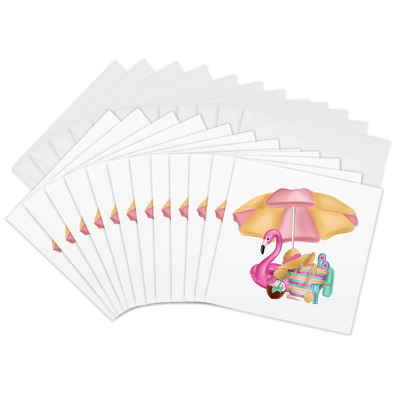 3drose, Cute Pool Umbrella with a Tote and Pink Flamingo Pool Float, 12 Greeting Cards with Envelopes