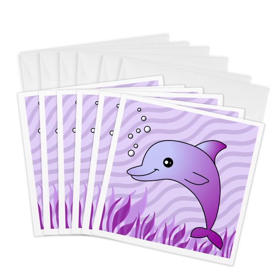 3drose, Cute Purple Dolphin Purple Ocean, 6 Greeting Cards with Envelopes