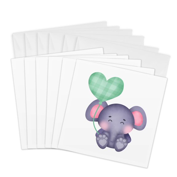 3drose, Cute Purple Elephant Holding a Green Plaid Heart Balloon, 6 Greeting Cards with Envelopes