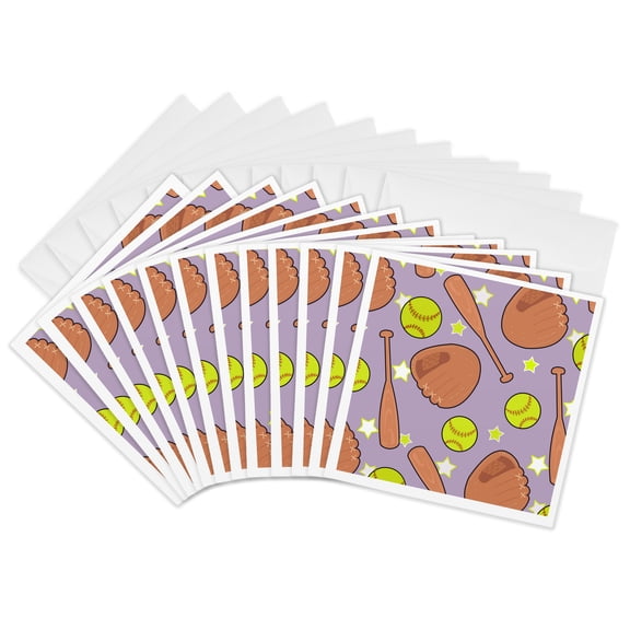3drose, Cute Purple Softball Star Pattern, 12 Greeting Cards with Envelopes