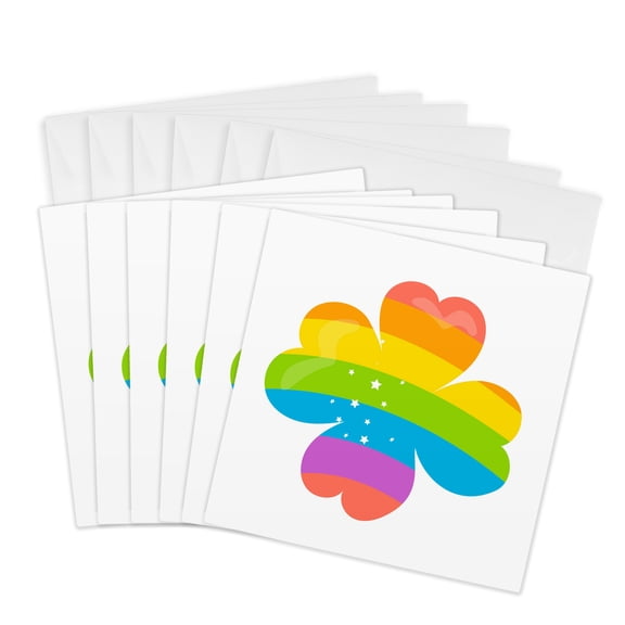 3drose, Cute Rainbow Colored Four Leaf Clover Illustration, 6 Greeting Cards with Envelopes