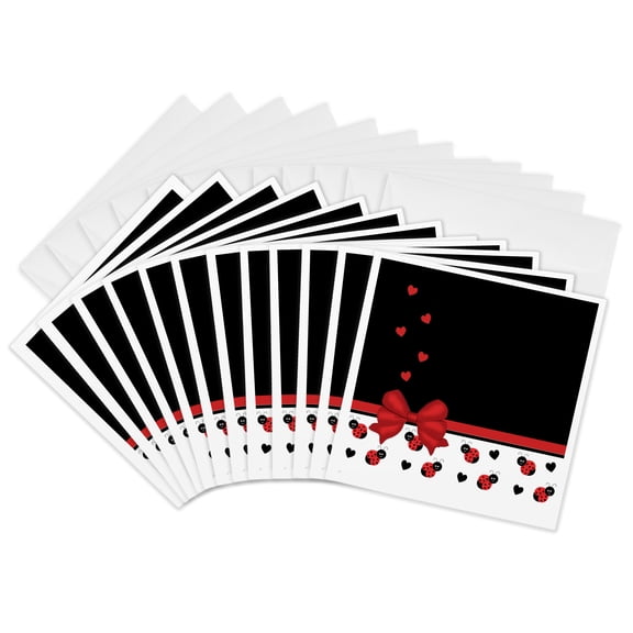 3drose, Cute Red Black Ladybugs Floating Hearts Red Ribbon, 12 Greeting Cards with Envelopes