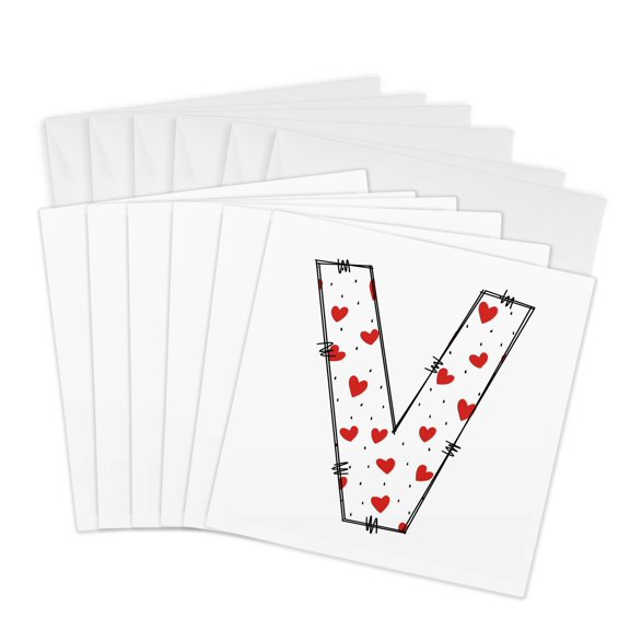 3drose, Cute Red and White Hearts Valentine Monogram Initial V, 6 Greeting Cards with Envelopes