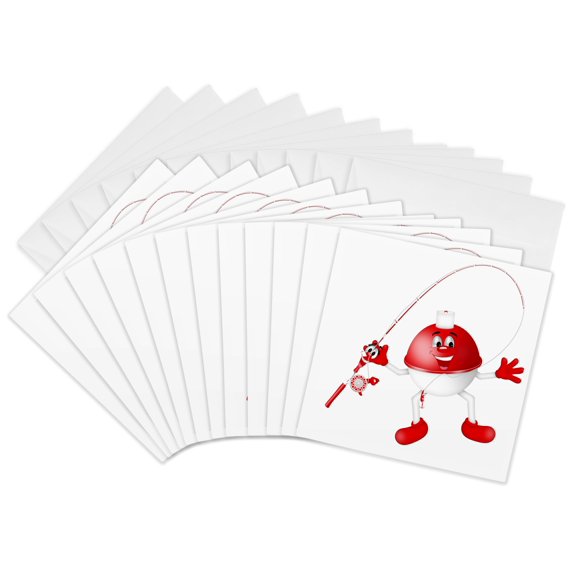 3drose, Cute Red and White Smiling Fish Float with Fishing Rod Illustration, 12 Greeting Cards with Envelopes