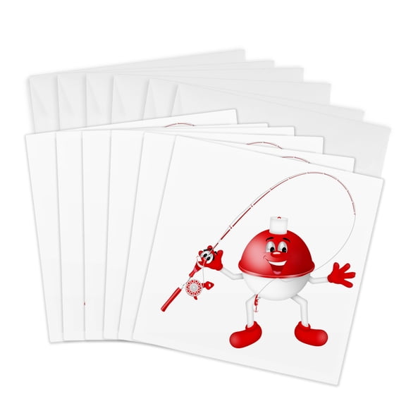 3drose, Cute Red and White Smiling Fish Float with Fishing Rod Illustration, 6 Greeting Cards with Envelopes