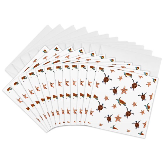 3drose, Cute Sea Turtles and Star Fish Pattern, 12 Greeting Cards with Envelopes