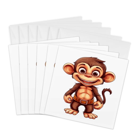 3drose, Cute Silly Smiling Monkey with a Belt Illustration, 6 Greeting Cards with Envelopes