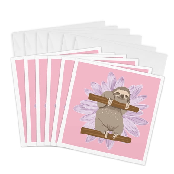 3drose, Cute Sloth with Flowers, 6 Greeting Cards with Envelopes