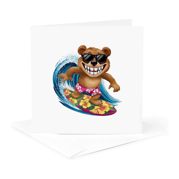 3drose, Cute Smiling Brown Bear Wave Surfer. Funny, Summer Gift for Anyone, 1 Greeting Card with Envelope