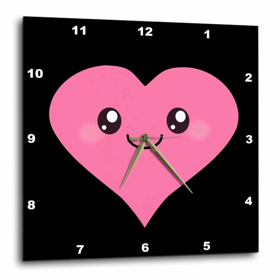 3drose, Cute Smiling Pink Heart - Kawaii Love Theme Smiling Face - Romantic Sweet Anime Style Cartoon - Blac, 10x10 Wall Clock