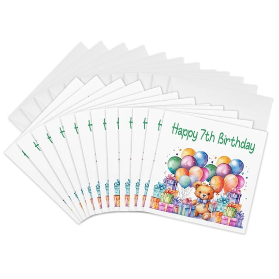3drose, Cute Teddy Bear Balloons and Gifts Happy 7th Birthday, 12 Greeting Cards with Envelopes