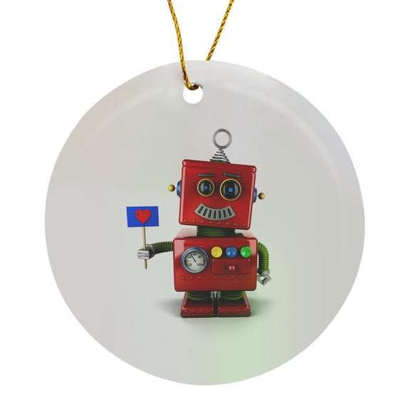 3drose, Cute Toy Robot with Heart Sign, Circle Porcelain Ornament