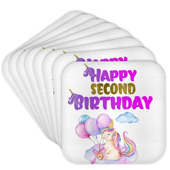 3drose, Cute Unicorn with Balloons Happy Second Birthday, Set of 8 Coasters - Cork
