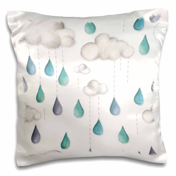 3drose, Cute Watercolor Clouds and Big Rain Drops, 16x16 inch Pillow Case