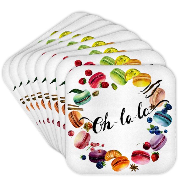 3drose, Cute Watercolor French Macaroon Cookies Wreath with Oh La La, Set of 8 Coasters - Cork