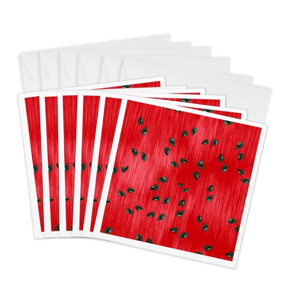 3drose, Cute Watermelon Seeds on a Red Background Pattern, 6 Greeting Cards with Envelopes