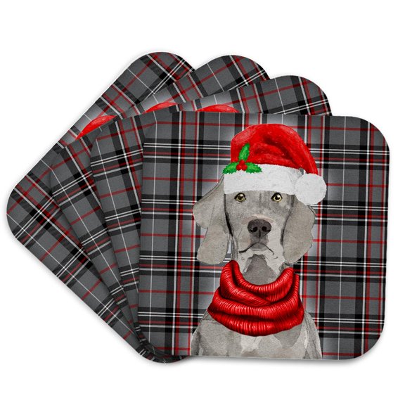 3drose, Cute Weimaraner Holiday Dog on Red and Grey Plaid for Christmas, Set of 4 Coasters - Cork