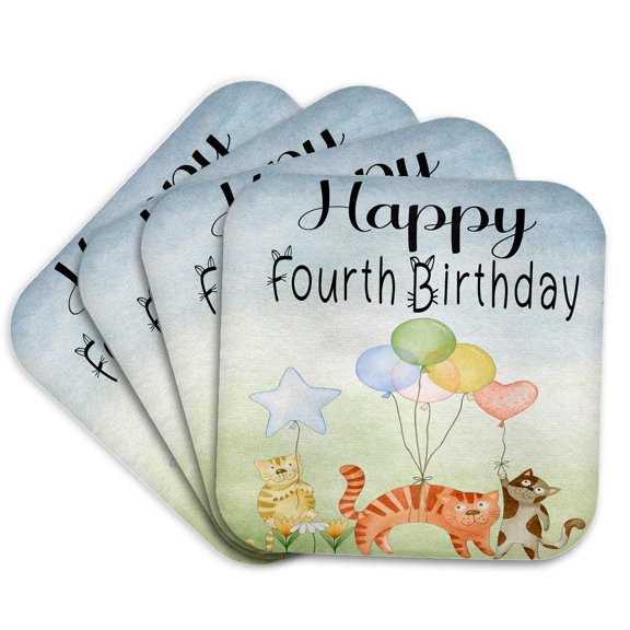 3drose, Cute Whimsical Cats Happy Fourth Birthday, Set of 4 Coasters - Cork