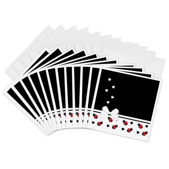 3drose, Cute White Black Ladybugs Floating Hearts White Ribbon, 12 Greeting Cards with Envelopes