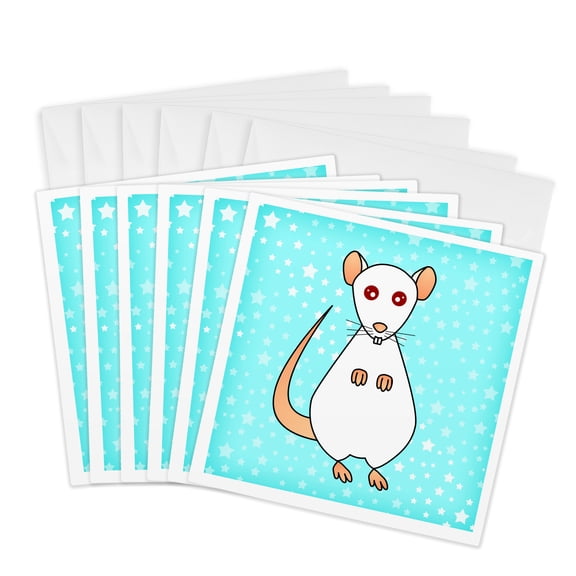 3drose, Cute White Red Eyes Rat Blue Star Background, 6 Greeting Cards with Envelopes
