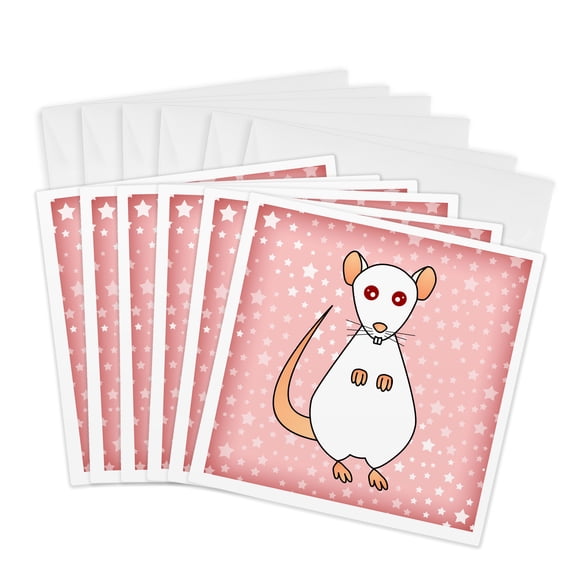 3drose, Cute White Red Eyes Rat Pink Star Background, 6 Greeting Cards with Envelopes