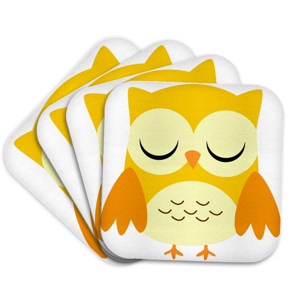 3drose, Cute Yellow Owl, Set of 4 Coasters - Soft