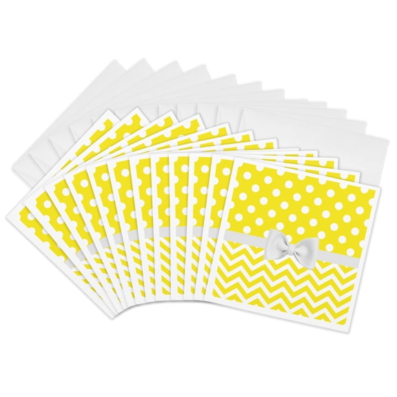 3drose, Cute Yellow and White Polka Dots over Chevron Stripes with Bow, 12 Greeting Cards with Envelopes