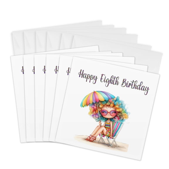3drose, Cute and Colorful Beach Girl Happy Eighth Birthday, 6 Greeting Cards with Envelopes