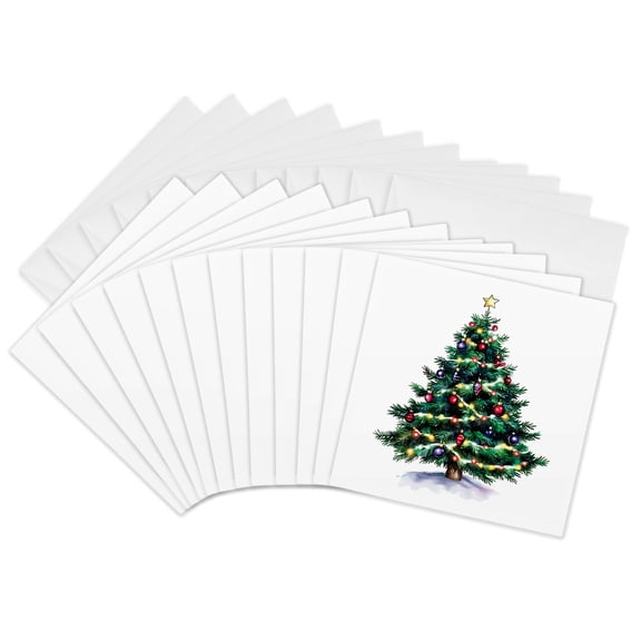 3drose, Cute and Colorful Image of Watercolor Decorated Christmas Tree, 12 Greeting Cards with Envelopes