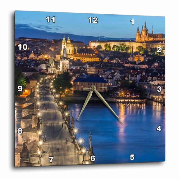3drose, Czech Republic, Bohemia, Prague, Charles Bridge Twilight., 10x10 Wall Clock