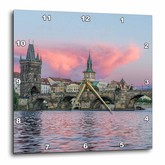 3drose, Czech Republic, Bohemia, Prague, Charles Bridge at Sunset., 10x10 Wall Clock