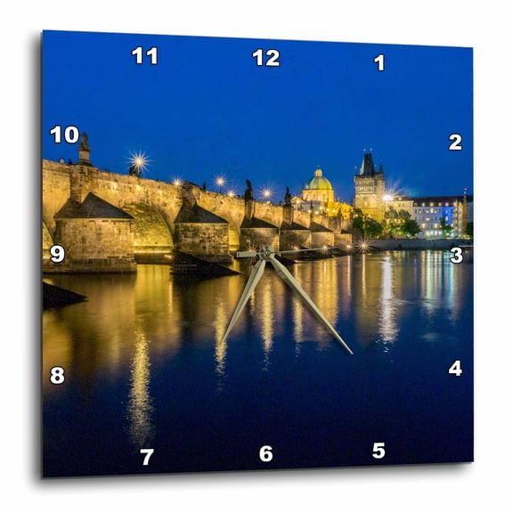 3drose, Czech Republic, Prague. Charles Bridge Water Reflection at Night., 10x10 Wall Clock