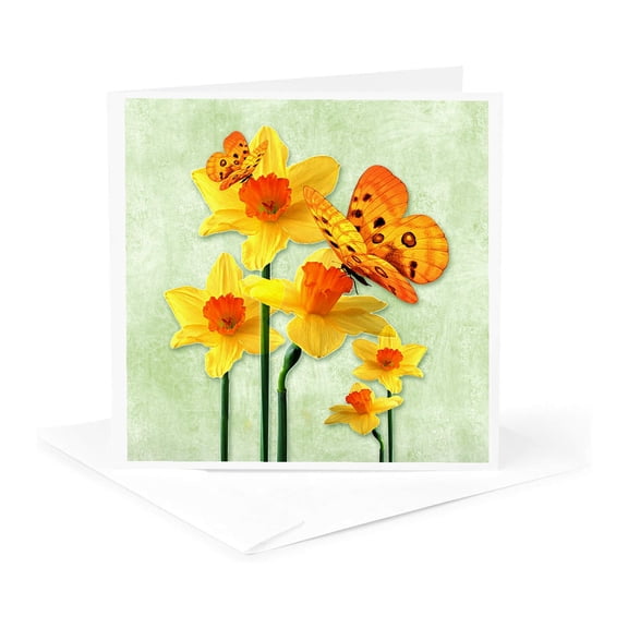 3drose, Daffodils and Butterfly Spring Garden, 1 Greeting Card with Envelope