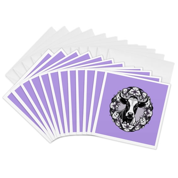 3drose, Dairy Cow Surrounded by a Wreath of Wood Violet Tattoo, 12 Greeting Cards with Envelopes