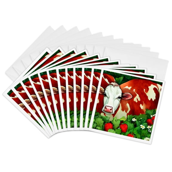 3drose, Dairy Cow in the Strawberry Patch, 12 Greeting Cards with Envelopes