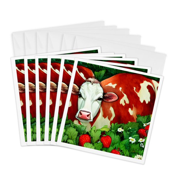 3drose, Dairy Cow in the Strawberry Patch, 6 Greeting Cards with Envelopes