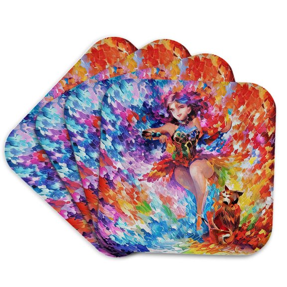3drose, Dancing Abstract Girl and Her Cat. a Mix of Vibrant Colors Funny Gift, Set of 4 Coasters - Cork