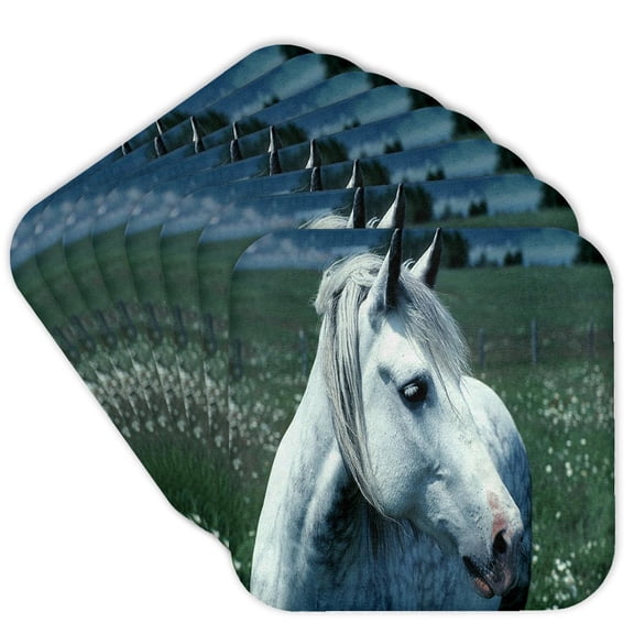 3drose, Dappled Grey Horse Flowered Pasture, Set of 8 Coasters - Cork