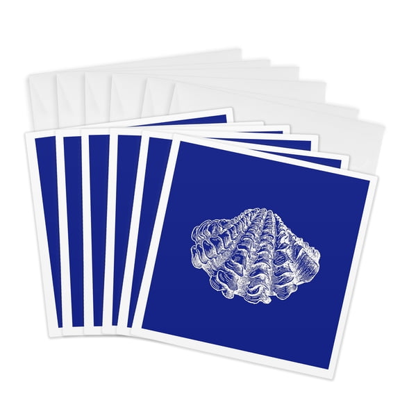 3drose, Dark Blue Seashell Etching Print. Modern Sea Shell Clam Beach Ocean, 6 Greeting Cards with Envelopes