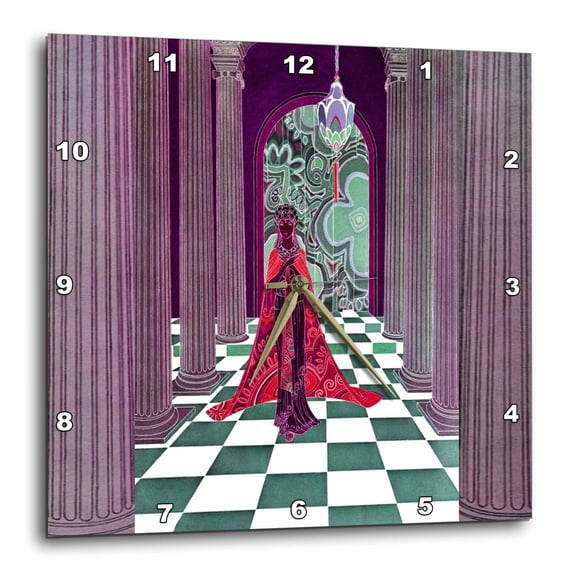 3drose, Dark Red Princess in Green and White Checkered Hallway with Purple Pillars, 13x13 Wall Clock
