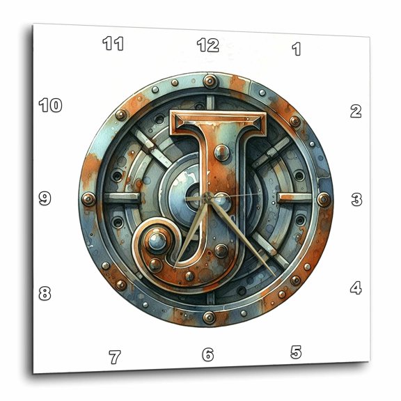 3drose, Dazzling Letter J. Round Rusty Metal Plate Alluring Artsy Gift, 15x15 Wall Clock