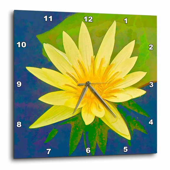 3drose, Decorative Colorful Garden Botanic Abstract Plant Water Lily Blue Gold Yellow Flower Green Cartoon, 15x15 Wall Clock